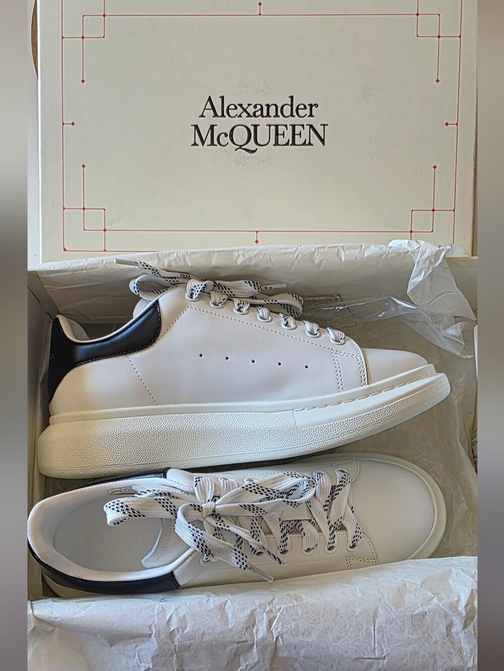 NEW With Tags Alexander McQueen White Leather Sneakers with Black Heel Men Size